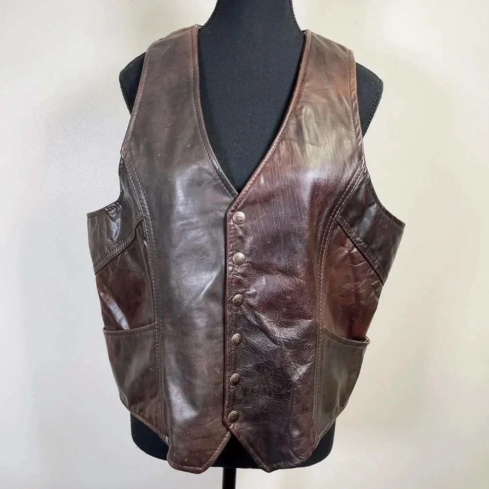 The Leather Ranch  Motorbike Western Button Brown Leather Vest